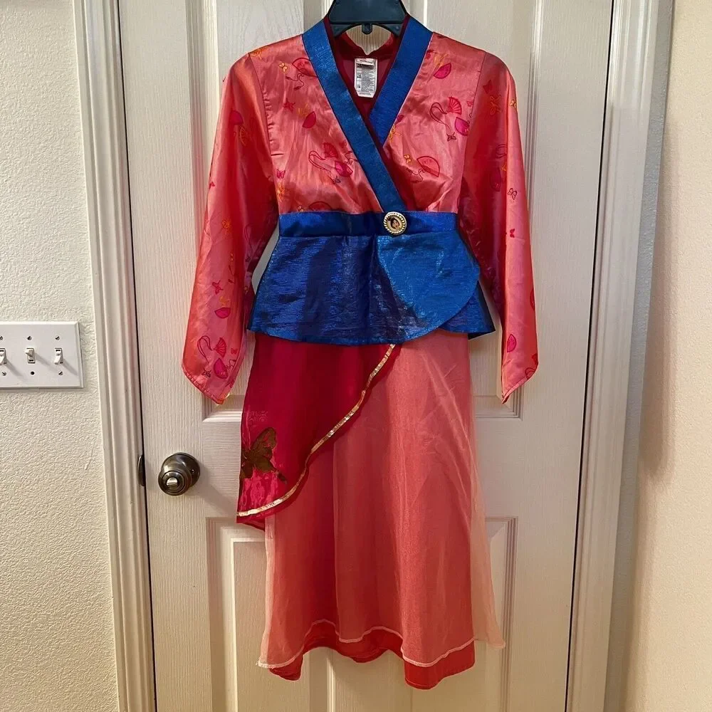 Disney Store Mulan Costume Dress Pink Red Blue Halloween Girls Size 7-8